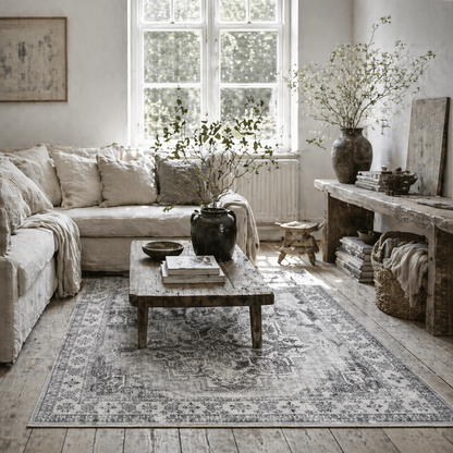 Linimi  170 x 120cm Polyester Grey Vintage Style Non Slip Washable Rug