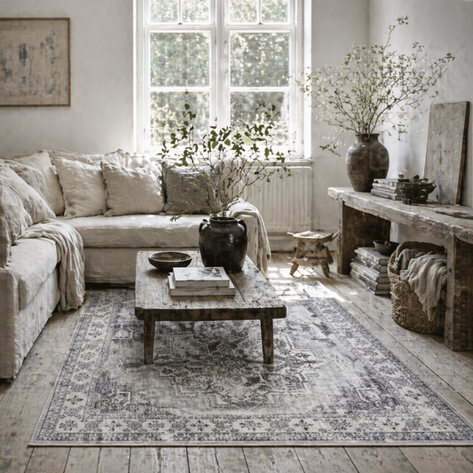 Linimi  170 x 120cm Polyester Grey Vintage Style Non Slip Washable Rug