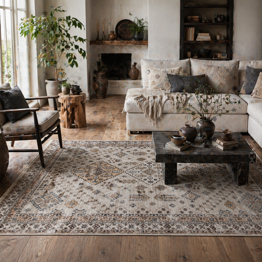 Kefado 170 x 120cm Polyester Beige Vintage Style Non Slip Washable Rug