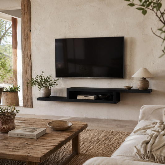 Mika Mael 152cm Wooden Black Wall Mounted Floating TV Unit With Open Shelving And Cable Ports