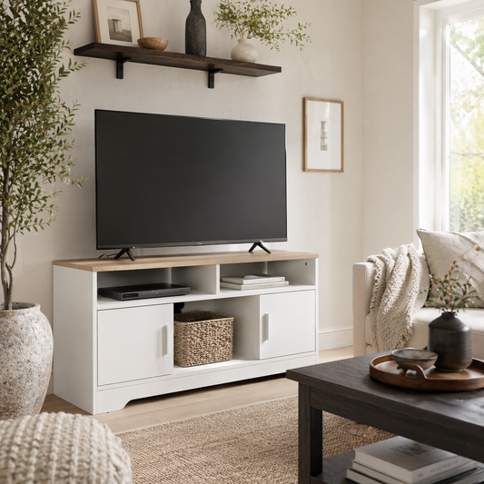 Tadori 105cm Vile Wooden White Modern TV Console 2 Doors and Open Shelves