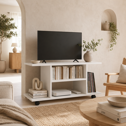 Vireli Miri 80cm Wooden White Mobile TV Storage Unit With Shelves And Bookcase Layout