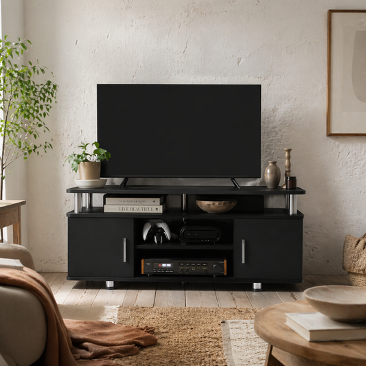 Zisaba Mika 120cm Wooden Black TV Storage Unit For Screens Up To 55 Inches 2 Doors and Shelves