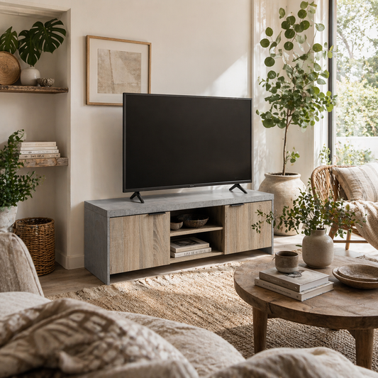 Hatata Rael 120cm Wooden Grey and Natural TV Cabinet With 2 Doors And Open Shelving