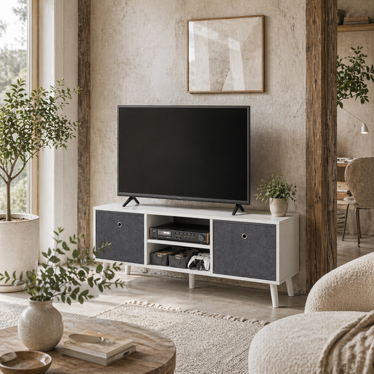 Nirona 110cm Wooden White TV Storage Cabinet With Grey Fabric Fold Down Drawers For Screens Up To 50 Inches
