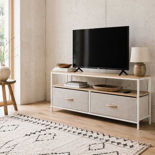 Rare Elha 98cm Wooden Natural TV Cabinet 2 Fabric Fold Down Storage Drawers
