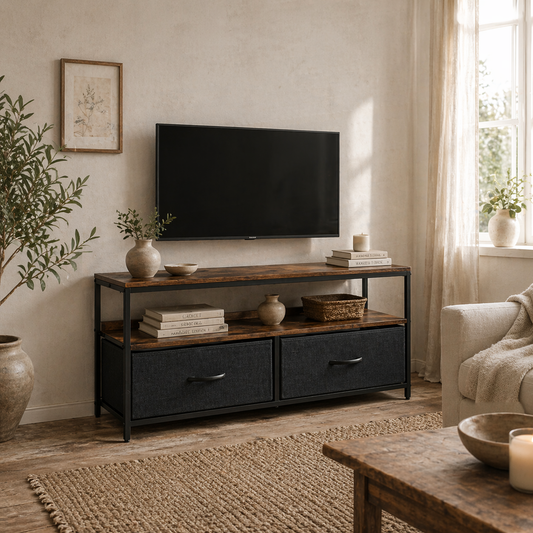 Lelo 98cm Wooden Rustic Brown TV Stand With 2 Fabric Fold Down Storage Drawers