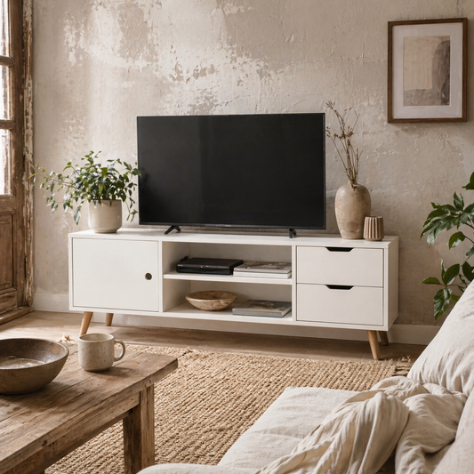 Rani Mano 120cm Wooden White TV Console With Open Shelves 2 Drawers 1 Door