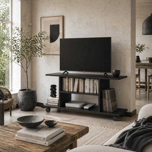 Coro 80cm Wooden Black Mobile TV Storage Unit With Shelves And Bookcase Design