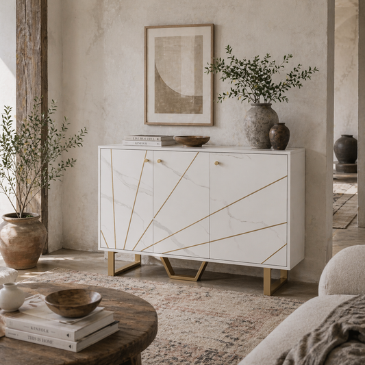 Vekeba Coso 107cm White and Gold Marble Sideboard 3 Doors 2 Shelves