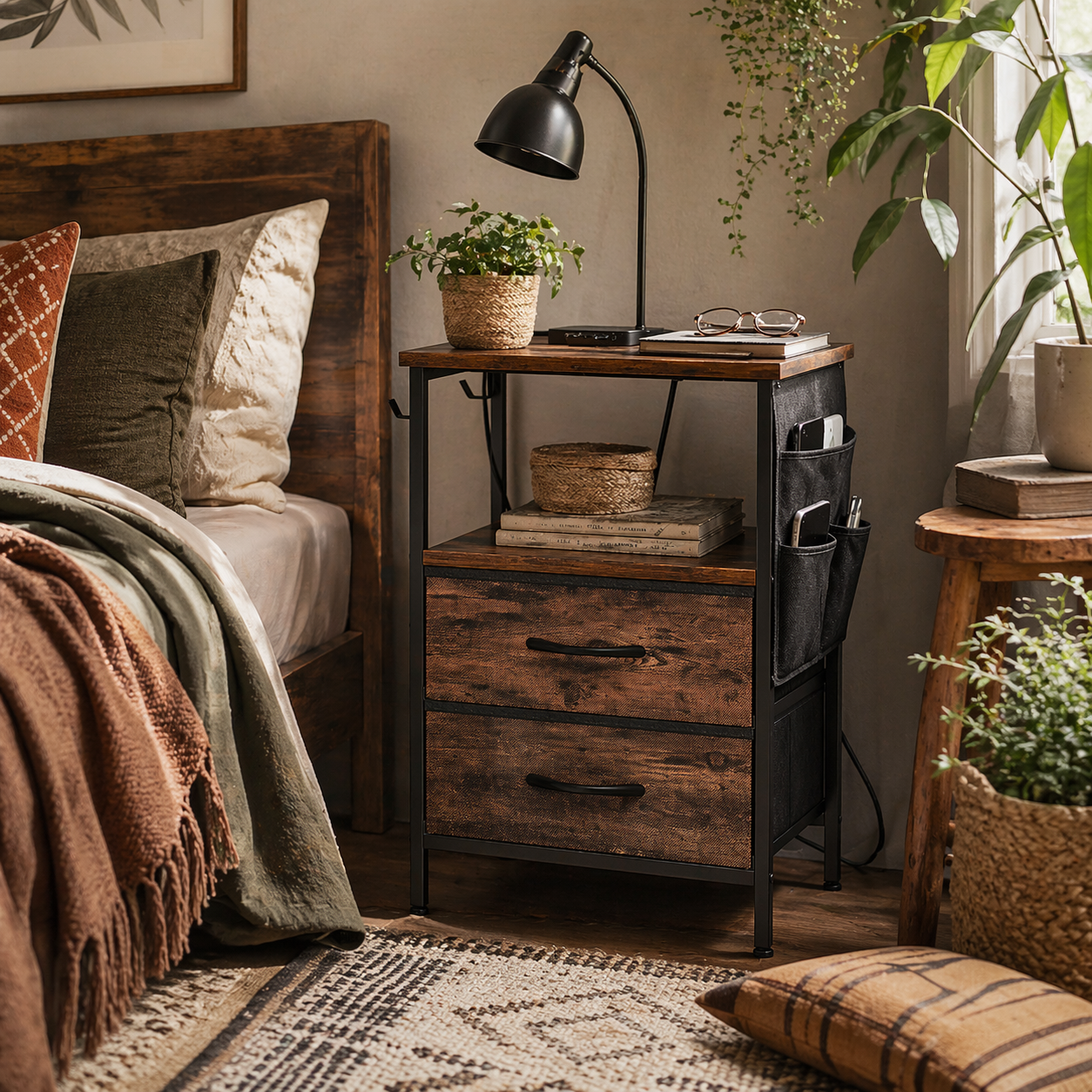 Yoroma Rustic Brown Bedside Table With Built In Charging Ports 2 Drawers