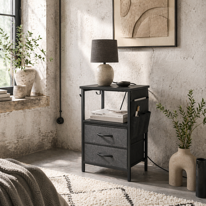 Pado Metal Black Bedside Table 2 Grey Fabric Fold Down Drawers With Integrated Charging Station