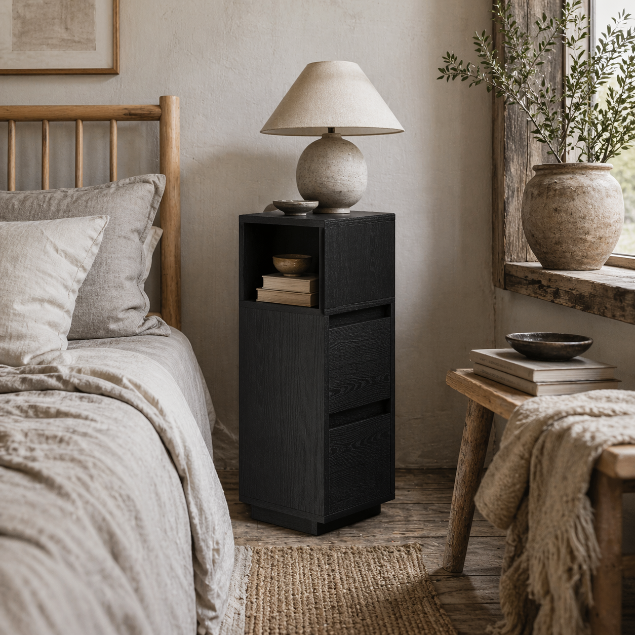 Susema Black Slim Bedside Table With 2 Drawers And Open Shelf