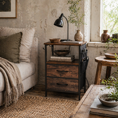 Yoroma Rustic Brown Bedside Table With Built In Charging Ports 2 Drawers
