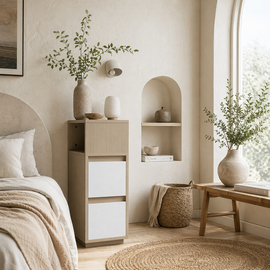 Noyo Natural Wood Finish Slim Bedside Table With 2 Drawers And Open Shelf
