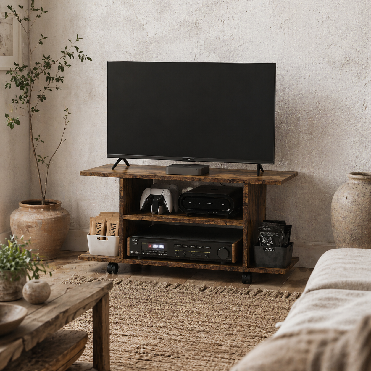 Rinael 80cm Wooden Rustic Brown Mobile TV Storage Unit With Shelves And Bookcase Style Design