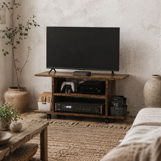 Rinael 80cm Wooden Rustic Brown Mobile TV Storage Unit With Shelves And Bookcase Style Design
