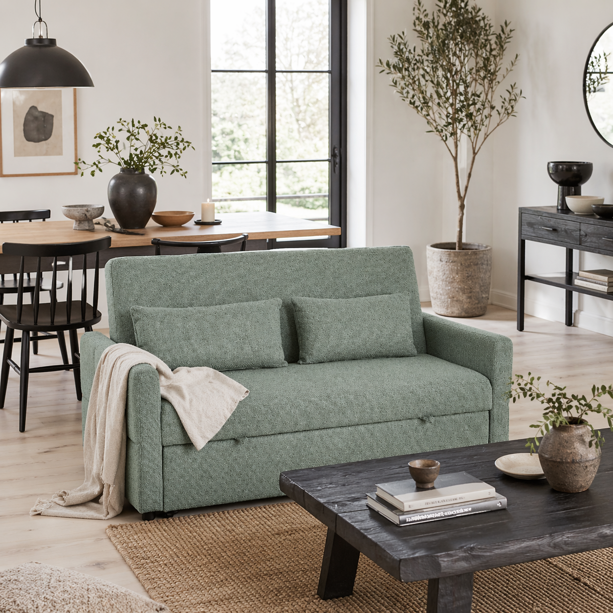 Nenase Mint Green Upholstered 3 Way Convertible 2 Seater Sofa Bed