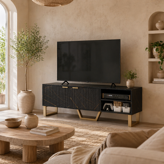 Baseva 140cm Wooden Black and Gold Marble Effect TV Unit With Fluted Doors For Screens Up To 70 Inches