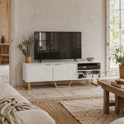 Veriri 140cm White Marble and Gold Effect TV Unit With Fluted Doors For Screens Up To 70 Inches