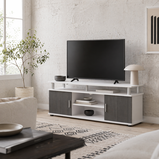 Mihavi 120cm Wooden Grey And White Media Console With Shelf And Cupboards For TVs Up To 50 Inches