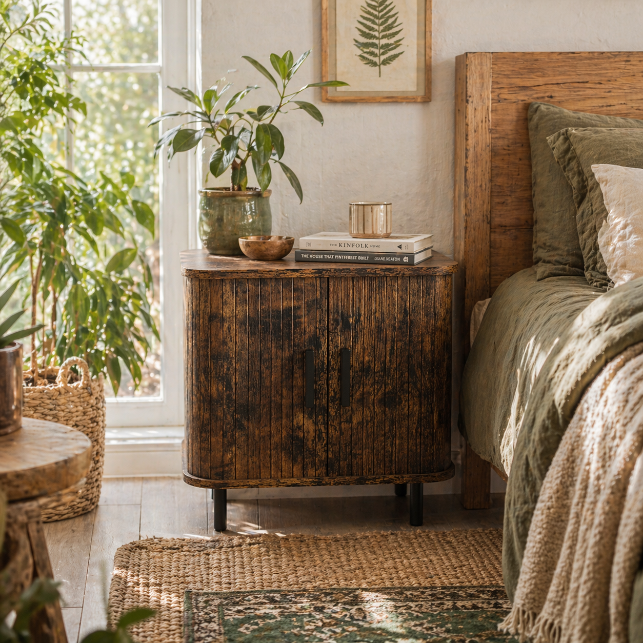 Pasaba Brown Nordic Bedside Table With Tambour Sliding Door And Metal Legs
