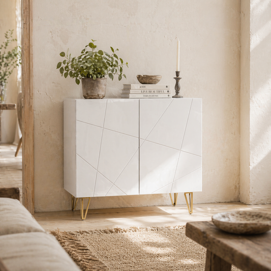 Diro High Gloss White Geometric Pattern Sideboard With Gold Hairpin Legs