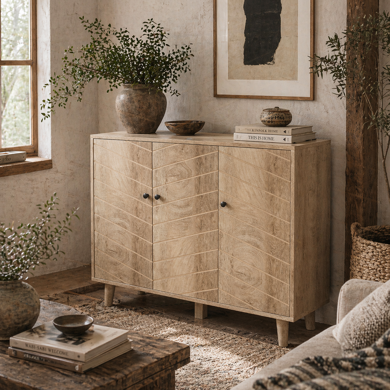 Lurodo Natural Wood Sideboard With Chevron Patter 3 Doors