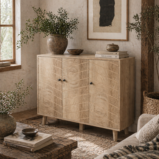Lurodo Natural Wood Sideboard With Chevron Patter 3 Doors
