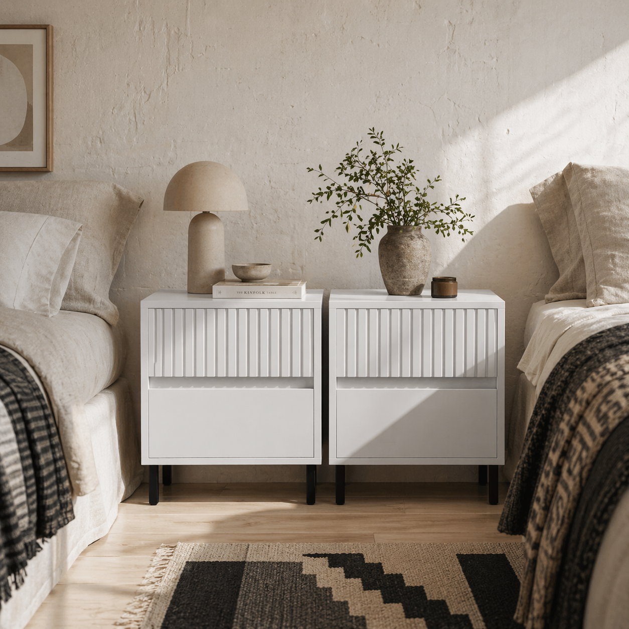 Vadiro Set Of 2 White Ribbed Pattern Bedside Tables  2 Drawers