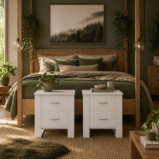 Zivika Momo Set Of 2 White Bedside Tables 2 Drawers Silver Handles