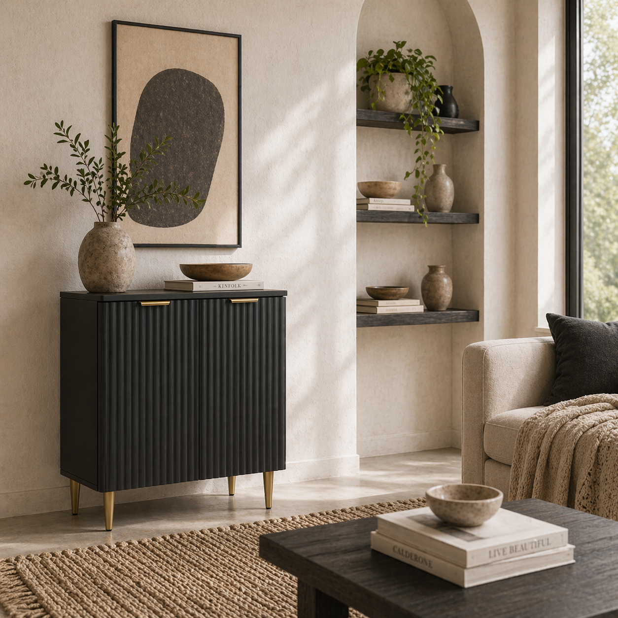 Sutto Black Etched Sideboard 2 Ribbed Doors Gold Accents