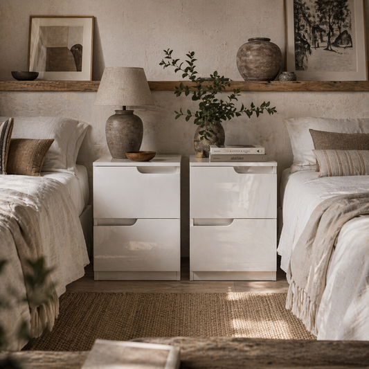 Kavaha Set Of 2 High Gloss White Bedside Tables 2 Drawers