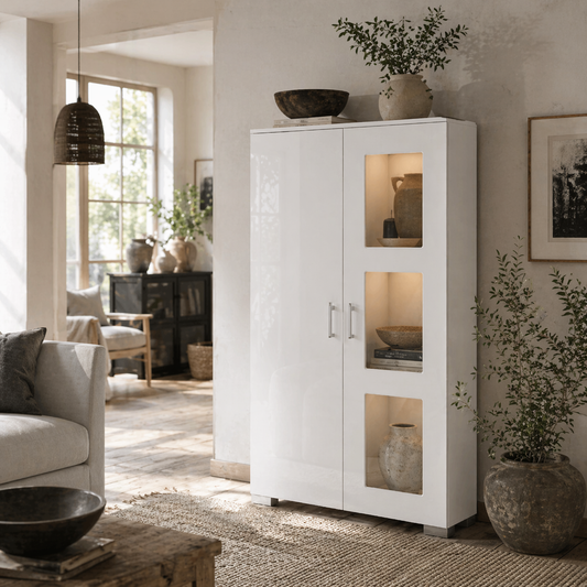 Sora Coma High Gloss White Tall Storage Cabinet Glass Doors 2 Shelves with LED Lighting
