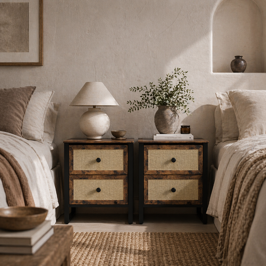 Lamilu Vesa Set Of 2 Rustic Brown Industrial Natural Style Bedside Tables 2 Drawers