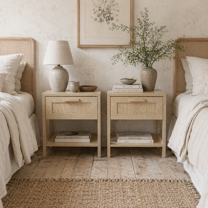 Vicoha Set Of 2 Natural Rattan Drawer Bedside Tables With Open Shelf