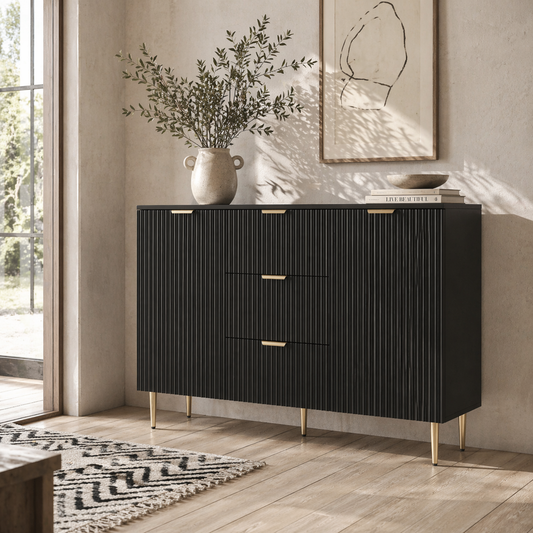 Surara Baro Black Ribbed 2 Door Sideboard 3 Drawers 2 Shelves Gold Accents