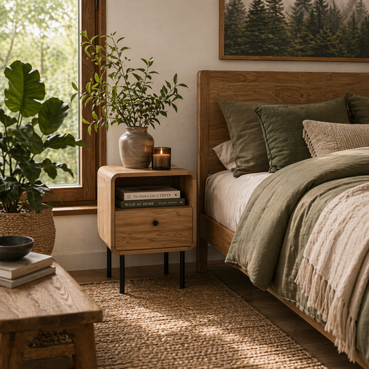 Move Lalo Oak Finish Wooden Bedside Table With Drawer And Open Shelf Storage