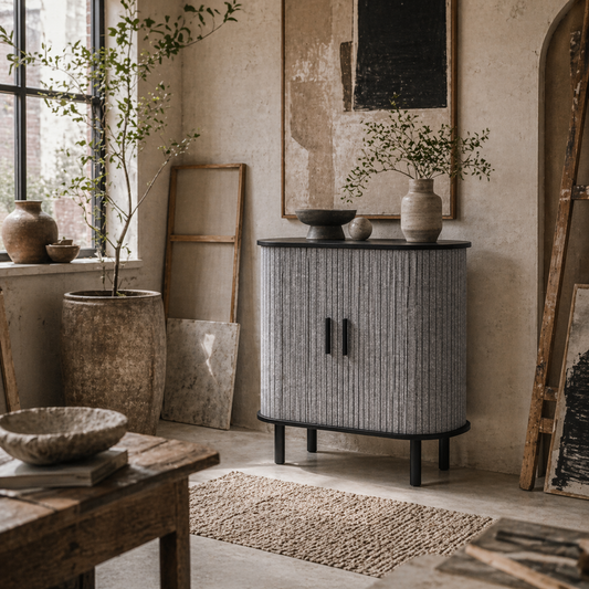 Rafa Vela Grey Tambour Sideboard With Fluted Sliding Doors And Wooden Legs