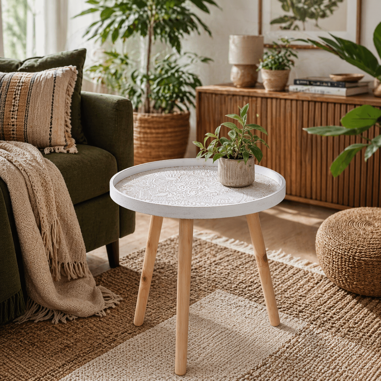 Nona Wood White Round Coffee Table With Carved Floral Tray Top