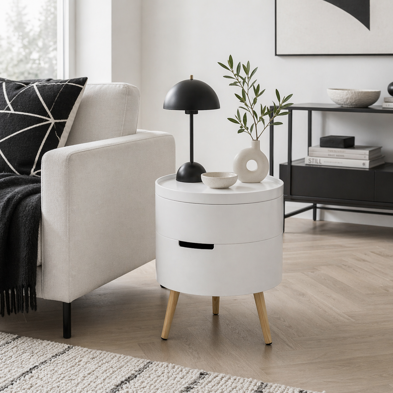 Rivizi Wooden White Round 3 Tier End Table With Hidden Storage Compart ...