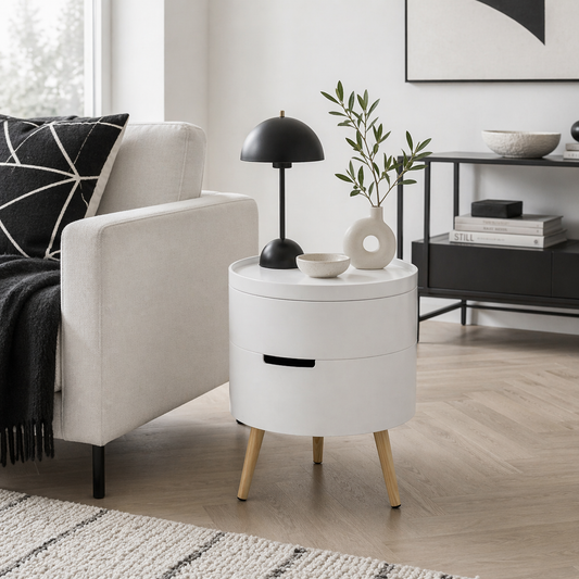 Rivizi Wooden White Round 3 Tier End Table With Hidden Storage Compartments