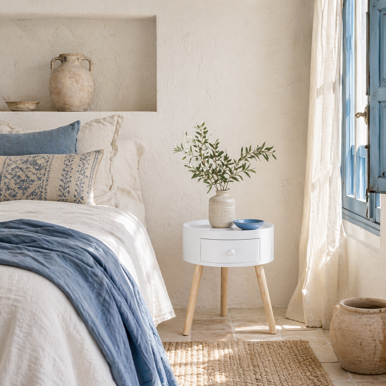 Taloso Wood White Round Bedside Table With Drawer And Natural Wooden L ...