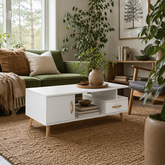 Lusayo Wooden White Minimalist Coffee Table With Storage Shelf And Drawer