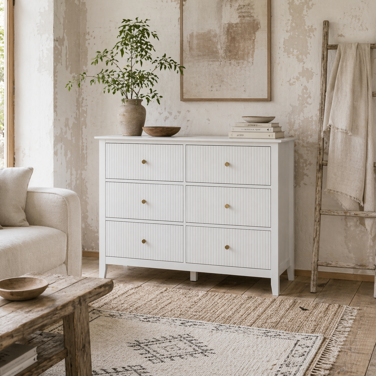 Lezi Wooden White 6 Drawer Fluted Storage Dresser