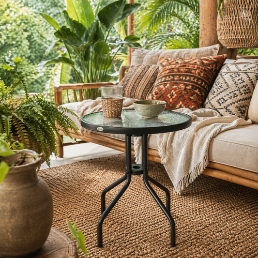 Rano Metal And Tempered Glass Outdoor Garden Round Bistro Coffee Table