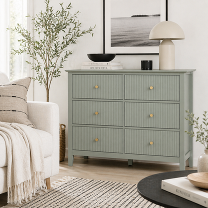 Visalo Wooden Mint Green 6 Drawer Fluted Storage Dresser