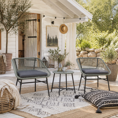 Sorino Rattan Rope Light Grey 3 Piece Outdoor Garden Bistro Furniture Set Glass Coffee Table
