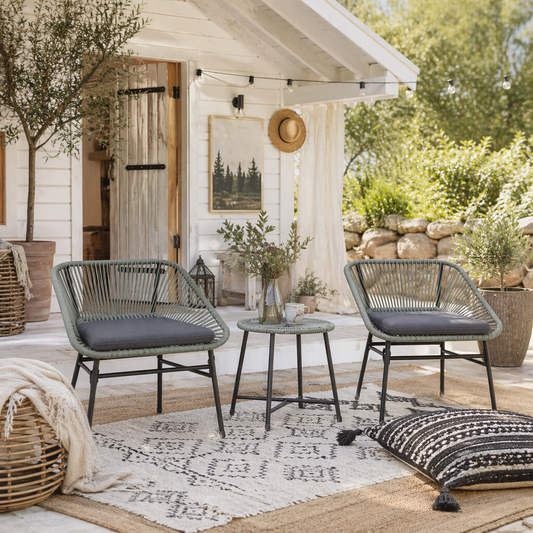 Sorino Rattan Rope Light Grey 3 Piece Outdoor Garden Bistro Furniture Set Glass Coffee Table