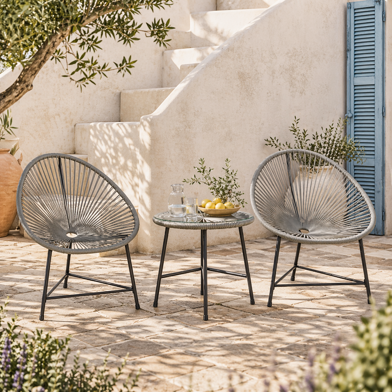 Nibaco Rattan Rope Grey 3 Piece Outdoor Garden Bistro Set With Glass Top Table